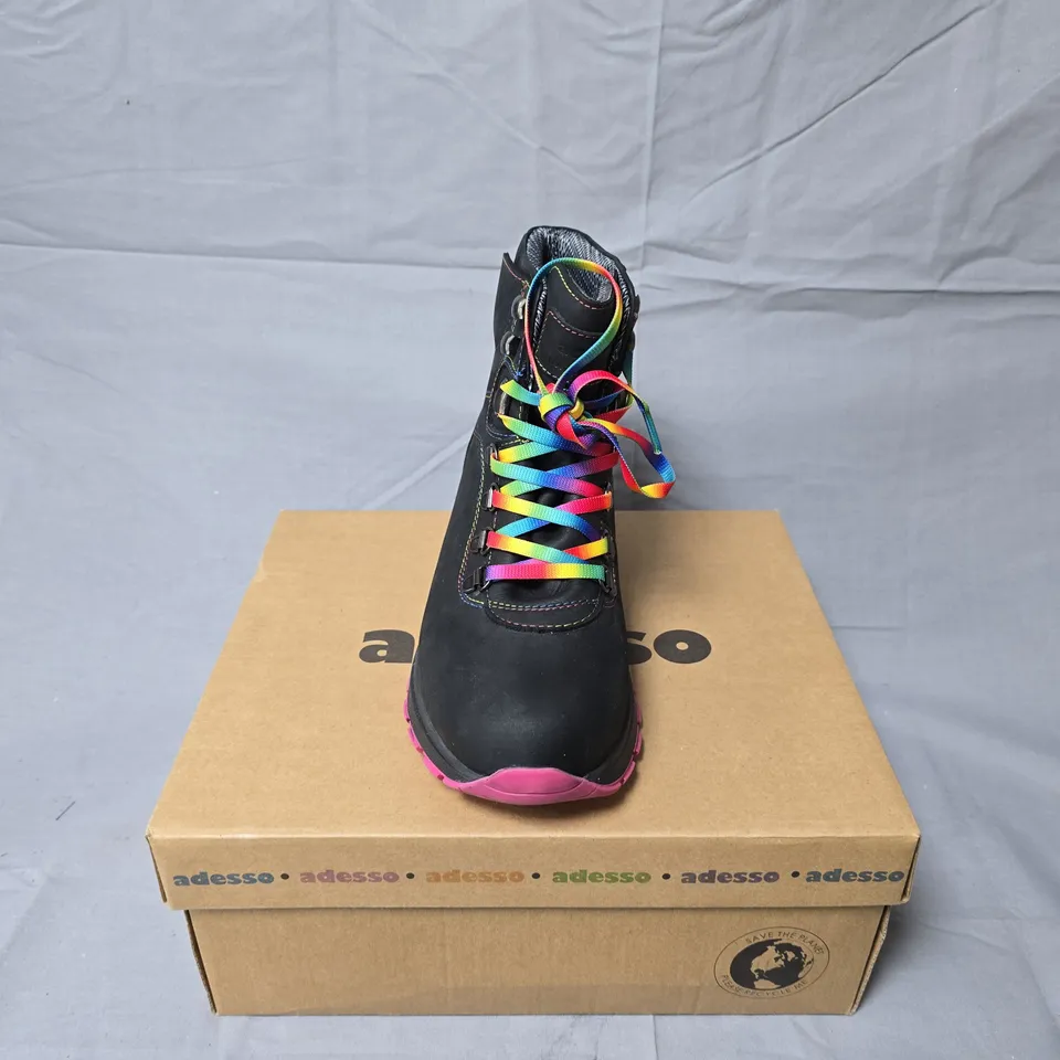 ADESSO BLACK ANKLE BOOTS WITH RAINBOW LACES (SIZE 39) – BOXED