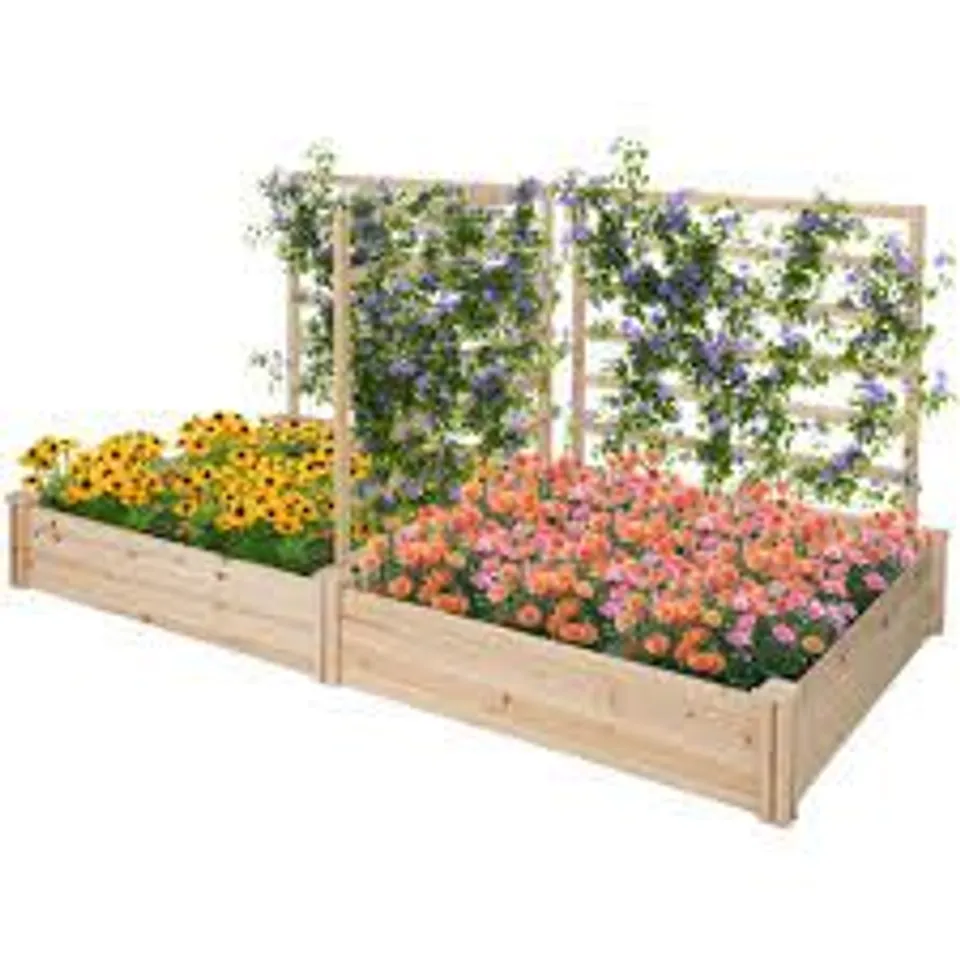 BOXED COSTWAY NATURAL RAISED GARDEN BED WITH 3 TRELLIS AND 2 PLANTER BOXES