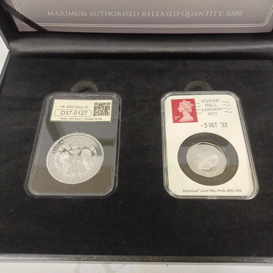 THE DATESTAMP UK 2022 FIRST PORTRAIT OF CHARLES III SILVER 50P & £5 PAIR 