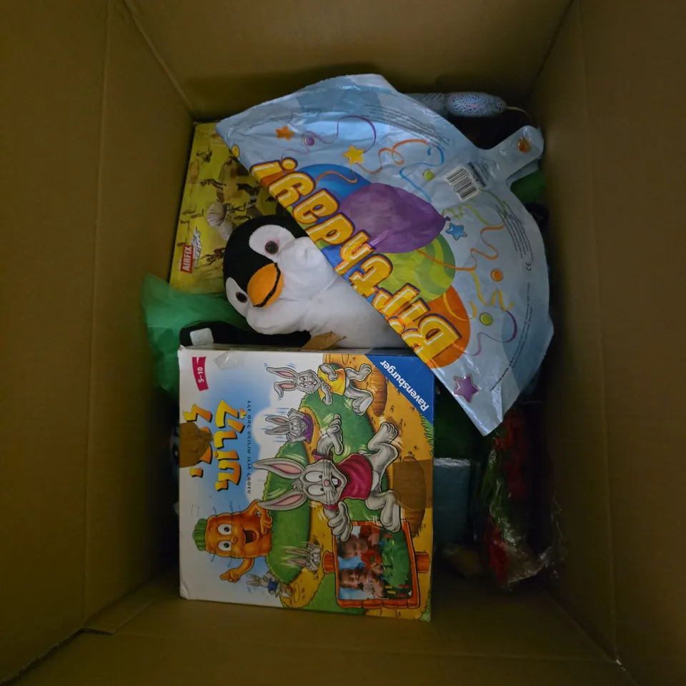 LARGE BOX OF APPROXIMATELY 20 ASSORTED TOYS AND GAMES TO INCLUDE FOLD OUT DOLL HOUSE, CUDDLY LADYBIRD. XBOX 360 YOU'RE IN THE MOVIES GAME ETC - COLLECTION ONLY 