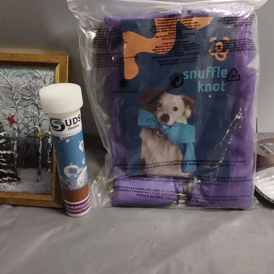 APPROXIMATELY 13 ASSORTED ITEMS TO INCLUDE - SNUFFLE KNOT , CHRISTMAS SCENE IN FRAME , CHLORINE TABLETS ETC