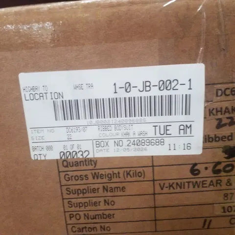 BOX CONTAINING APPROXIMATELY 32X BRAND NEW SIMPLY BE RIBBED BODYSUITS - COLOUR KHAKI ACID WASH - SIZE 22