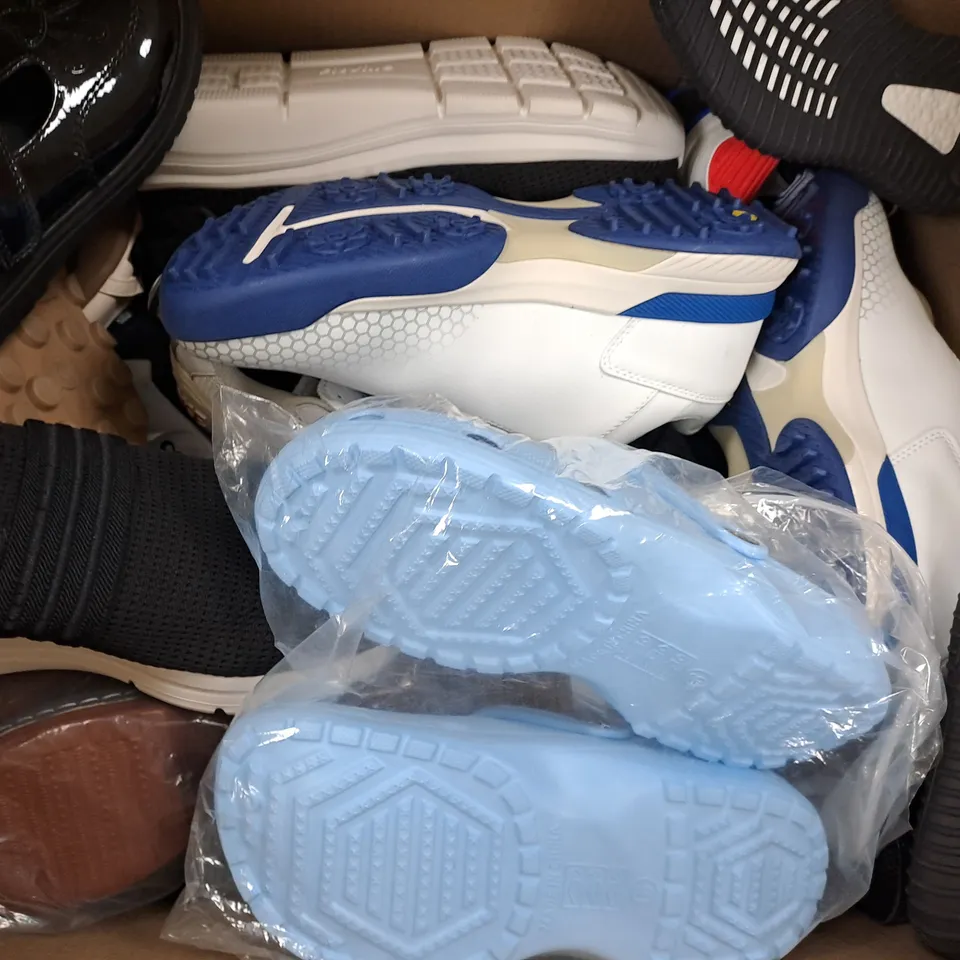 BOX OF APPROXIMATELY 20 ASSORTED PAIRS OF SHOES AND FOOTWEAR ITEMS IN VARIOUS COLOURS, STYLES, AND SIZES - COLLECTION ONLY