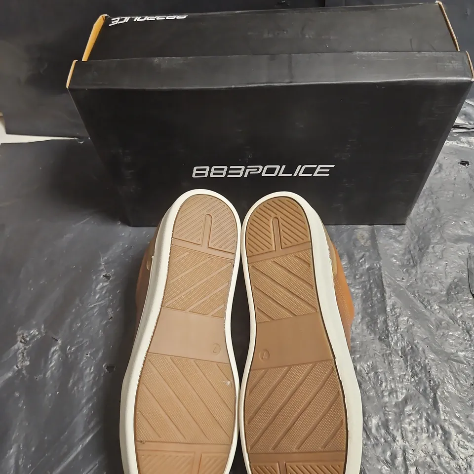 POLICE MILANO LEATHER SNEAKERS – BROWN WITH NAVY LACES, BOXED UK SIZE 7