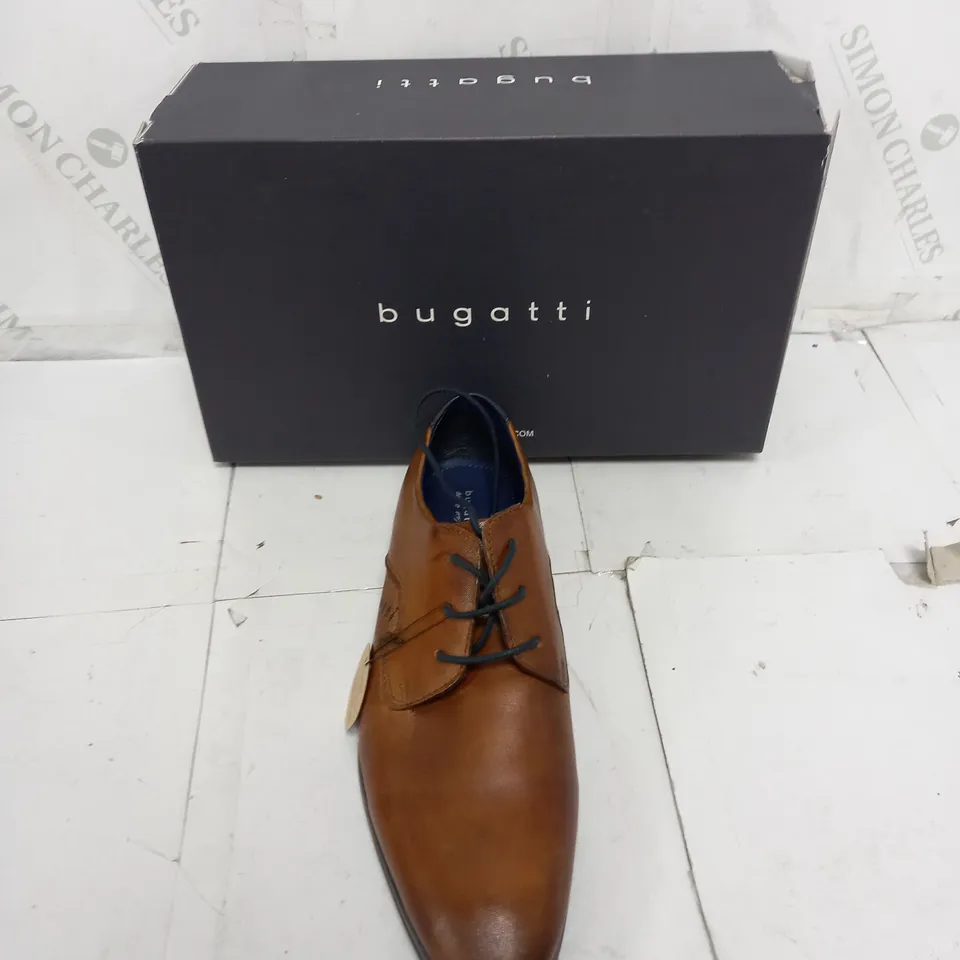 BOXED PAIR OF BUGATTI COGNAC UK 8 BROWN SUIT SHOES 