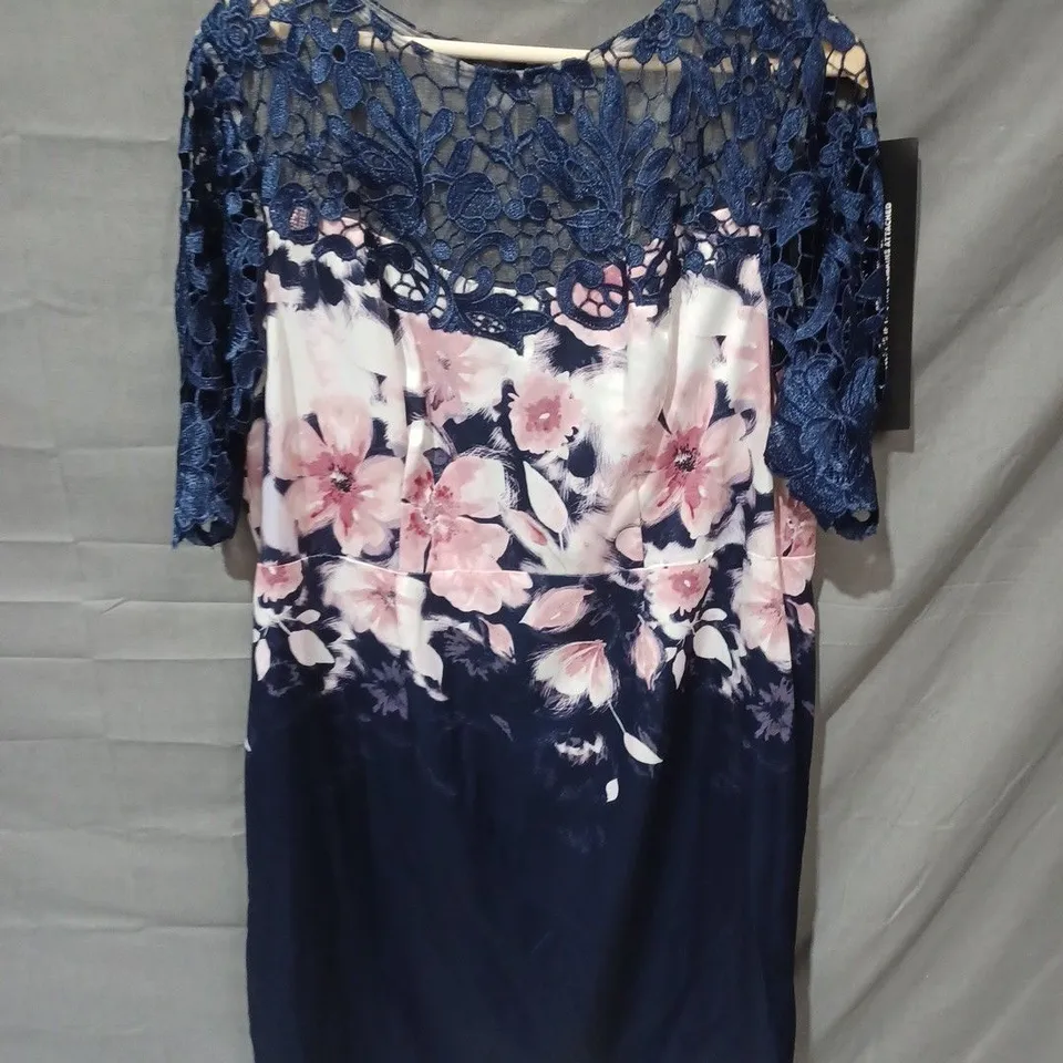 KALEIDOSCOPE FLORAL MESH TOP DRESS IN NAVY/WHITE MULTI - UK 20