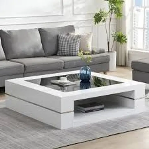 BOXED CYNDY SQUARE WHITE HIGH GLOSS COFFEE TABLE WITH BLACK GLASS TOP (2 BOXES)
