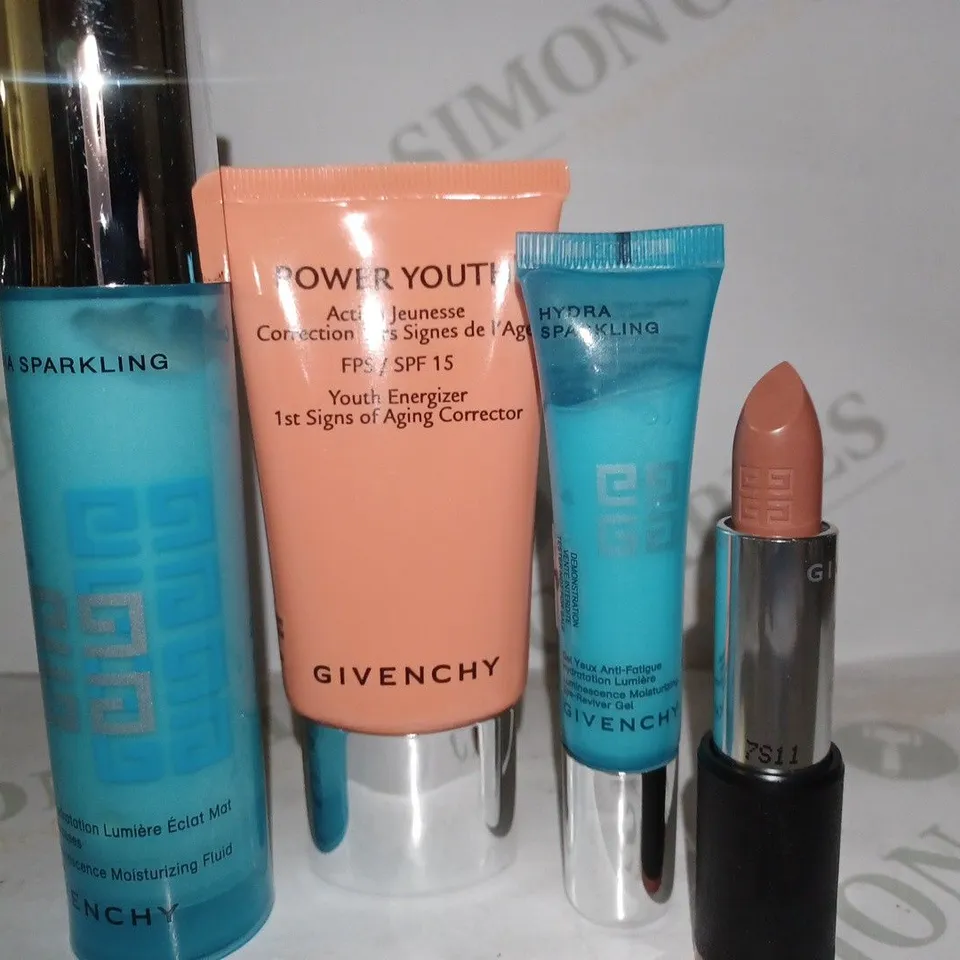 BOX OF APPROX 15 ASSORTED GIVENCHY PRODUCT TESTERS TO INCLUDE LIPSTICKS #101 BEIGE MOUSELINE, POWER YOUTH ENERGIZER, HYDRA SPARKLING MOISTURIZER, ETC 