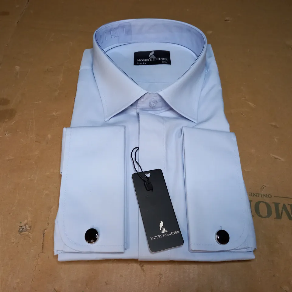 MOSES KUSHNER LOT OF 5 LONG SLEEVE SLIM FIT BUTTONED LIGHT BLUE SHIRTS IN VARIOUS SIZES- 4 LARGE, 1 XXL