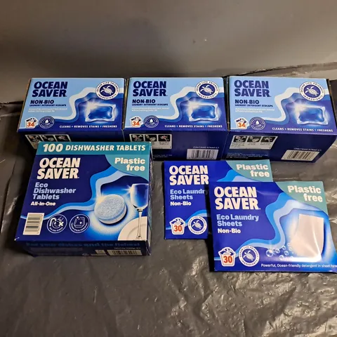 ASSORTED OCEAN SAVER CLEANING EQUIPMENT TO INCLUDE DISHWASHER TABLETS, LAUNDRY DETERGENT ECOCAPS, AND LAUNDRY SHEETS 