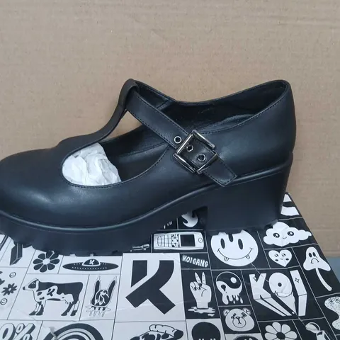 KOI VEGAN LEATHER EDITION PLATFORM MARY JANE SHOES – BLACK PU WITH GUNMETAL BUCKLE, UK 10
