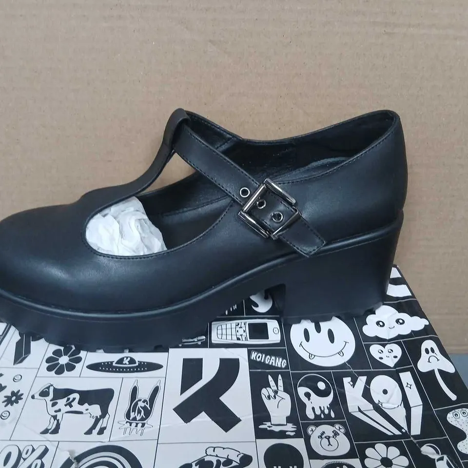 KOI VEGAN LEATHER EDITION PLATFORM MARY JANE SHOES – BLACK PU WITH GUNMETAL BUCKLE, UK 10