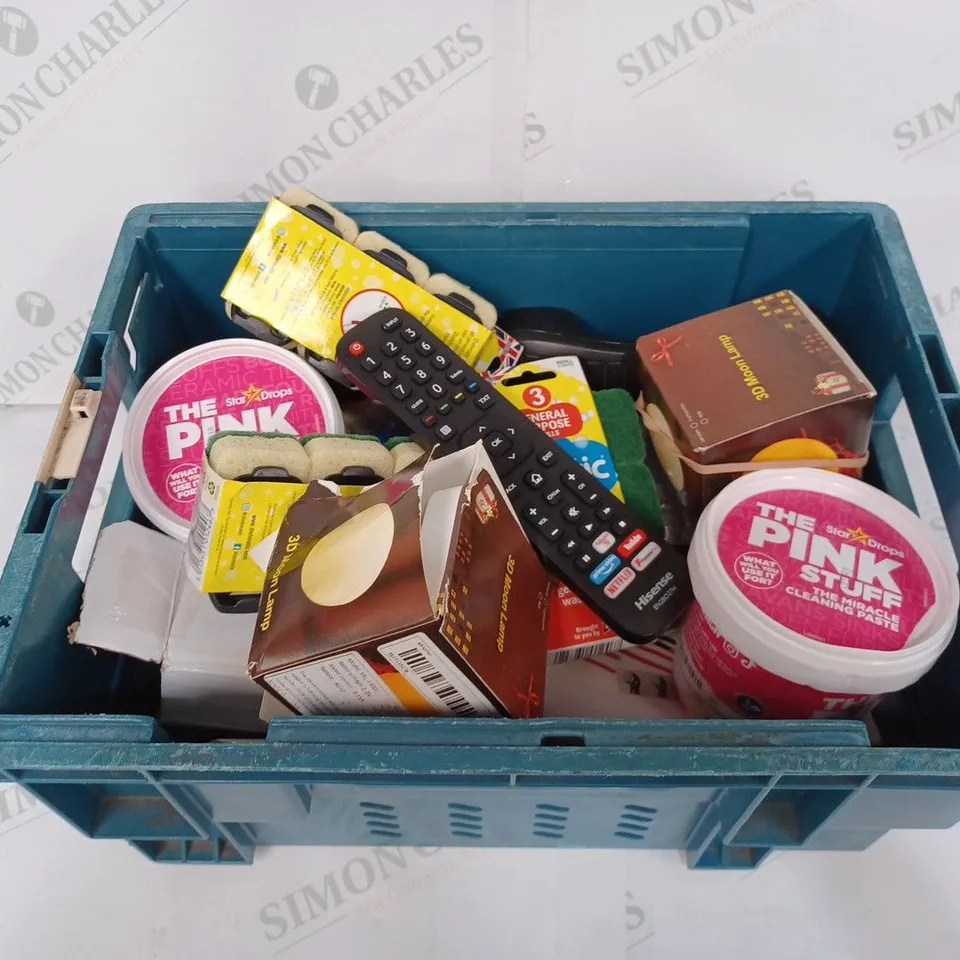 BOX TO CONTAIN APPROX. 20 X ASSORTED HOUSEHOLD PRODUCTS, INCLUDES REMOTE, PINK CLEANING PASTE, PHONE PARTS ETC 