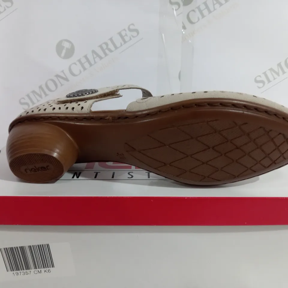 BOXED PAIR OF RIEKER ANTISTRESS HEELED SHOES IN BEIGE - SIZE 6