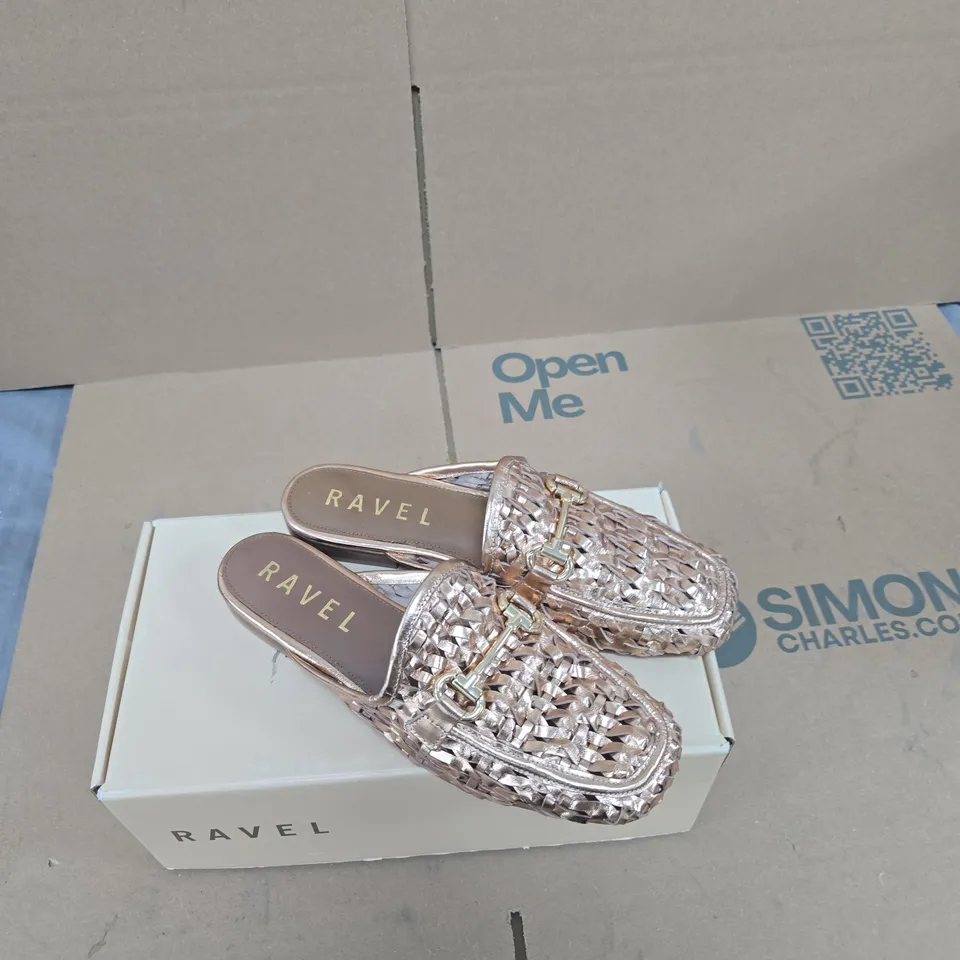 RAVEL ROSE GOLD LEATHER WOVEN SLIP-ON SANDALS – UK 5 (EUR 38) – BOXED
