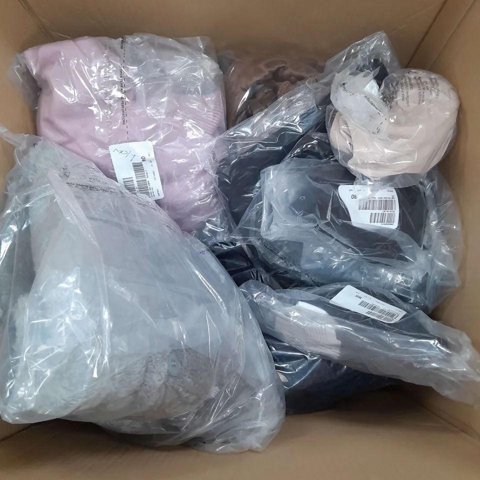 BOX OF APPROXIMATELY 15 ASSORTED CLOTHING ITEMS IN VARIOUS STYLES, COLOURS AND SIZES TO INCLUDE SCARF, FLEECE TIGHTS, DRESSING GOWN ETC