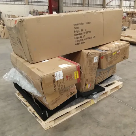 PALLET OF ASSORTED INCOMPLETE OR DAMAGED DESIGNER SOFAS, PARTS AND PIECES ETC