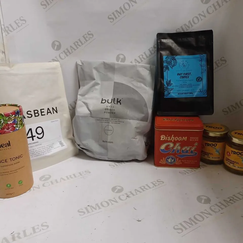 LOT OF APPROXIMATELY 7 ITEMS TO INCLUDE BULK MASS GAINER POWDER (STRAWBERRY - 1KG), 2 JARS OF TROO PURE INULIN SYRUP (2x227g), DISHOOM HOUSE BLEND CHAI TEA BOX, ETC