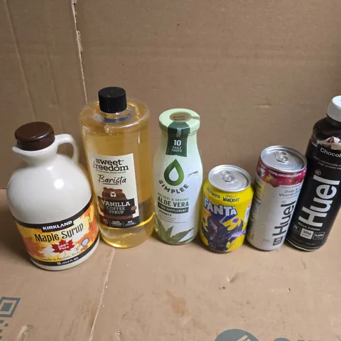 APPROXIMATELY 12 ASSORTED FOOD & DRINK ITEMS TO INCLUDE HUEL CHOCOLATE, FANTA LEMON, MAPLE SYRUP, ETC - COLLECTION ONLY