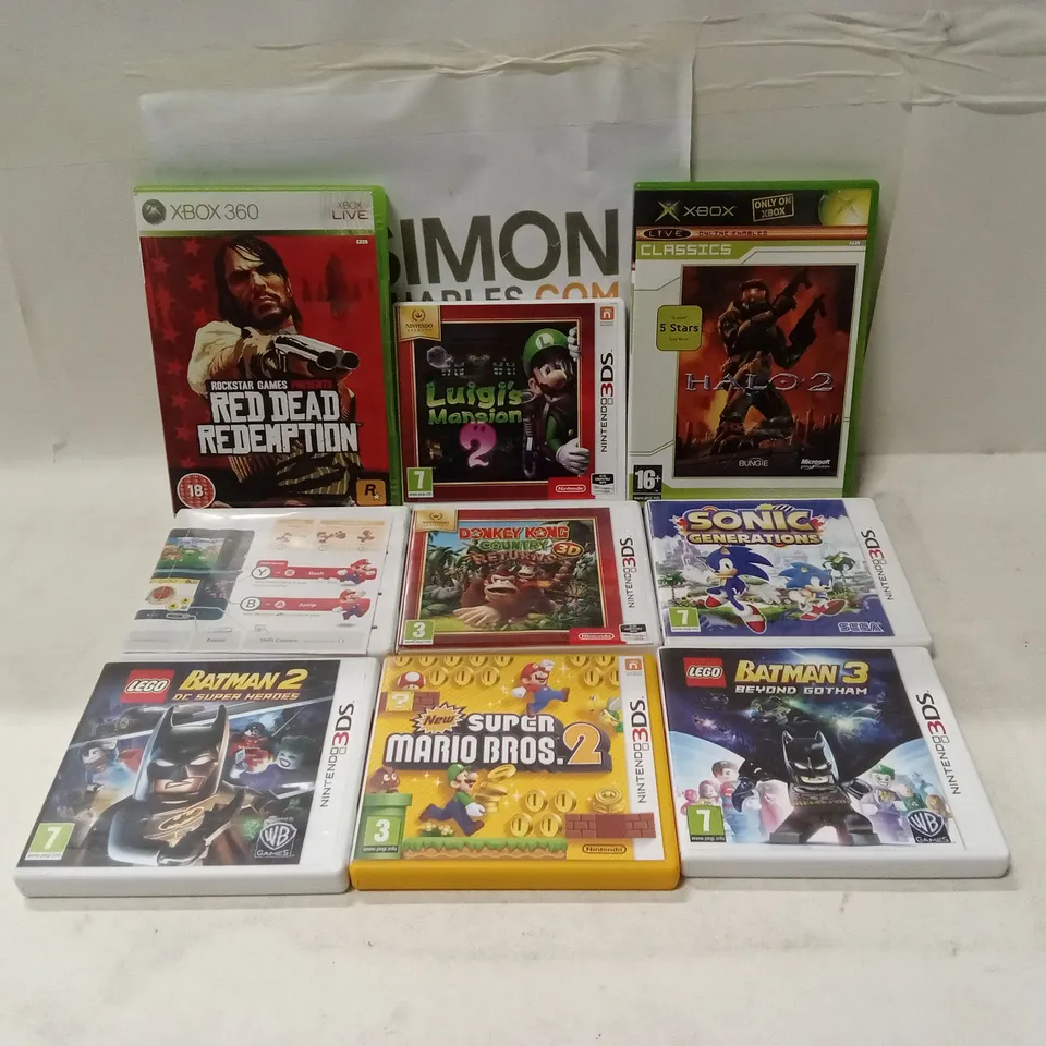APPROXIMATELY 9 ASSORTED VIDEO GAMES TO INCLUDE; HALO 2, RED DEAD REDEMPTION, SONIC GENERATIONS, LEGO BATMAN ETC