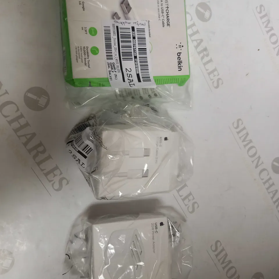 LOT OF APPLE POWER ADAPTER, APPLE CHARGE CABLE, AND BELKINS BOOST CHARGE