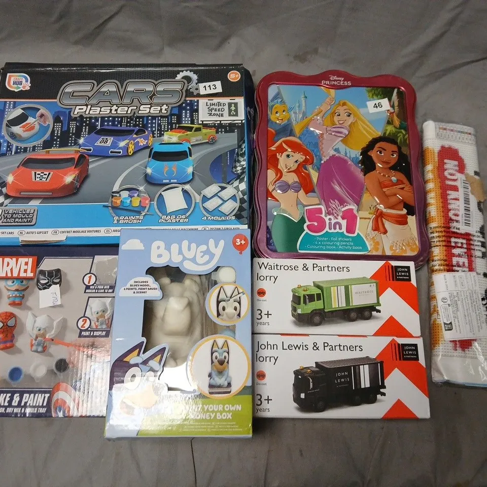 KIDS' CRAFT & TOY BUNDLE: CARS PLASTER SET, DISNEY PRINCESS COLOURING TIN, MARVEL MOULD & PAINT, BLUEY BOX & 2 BRANDED TRUCKS