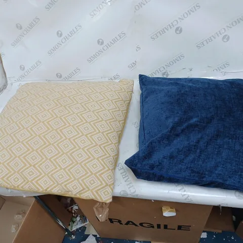 2 DECORATIVE CUSHIONS IN NAVY AND YELLOW, AND SINGLE WHITE PILLOW