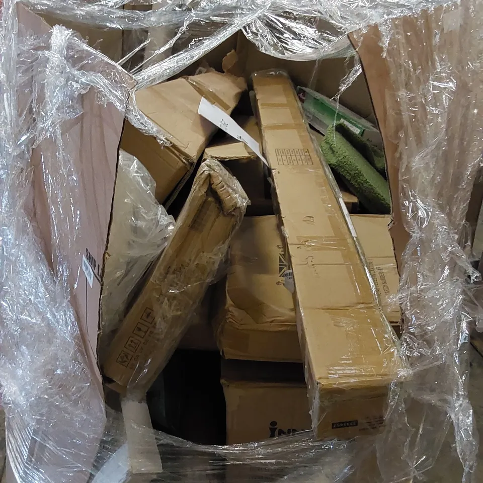 PALLET TO CONTAIN AN ASSORTMENT OF HOUSEHOLD ITEMS. INCLUDES WALL CLOCK, BATHROOM FLOOR CABINET, TODDLER BED ETC