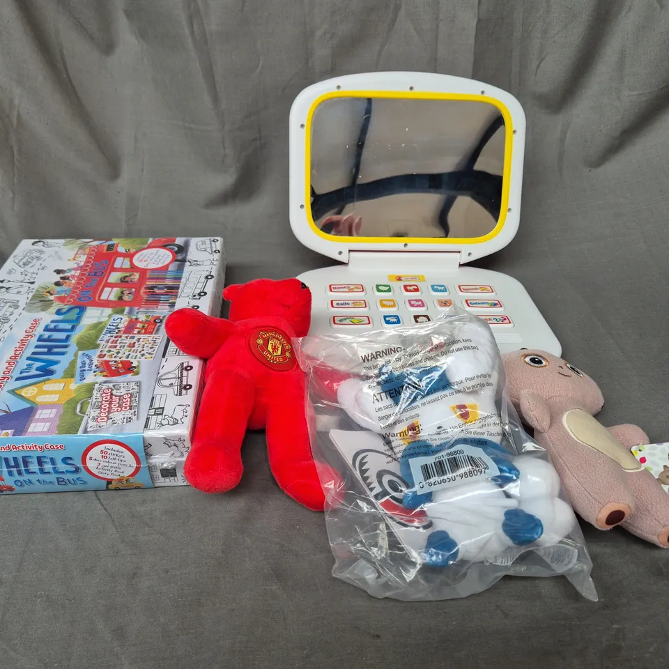 LARGE BOX OF ASSORTED TOYS AND GAMES TO INCLUDE TEDDIES, LEARNING LAPTOP AND ACTIVITY CASE