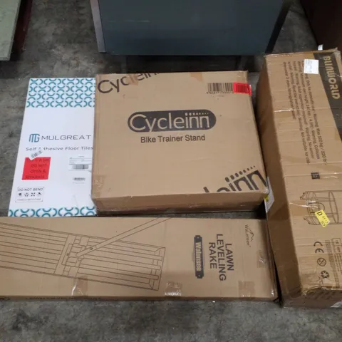 PALLET CONTAINING ASSORTED PRODUCTS INCLUDING LAWN LEVELLING RAKE, SELF ADHESIVE FLOOR TILES, BIKE TRAINER STAND & ENCLOSED TRAMPOLINE