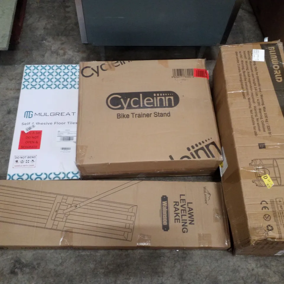 PALLET CONTAINING ASSORTED PRODUCTS INCLUDING LAWN LEVELLING RAKE, SELF ADHESIVE FLOOR TILES, BIKE TRAINER STAND & ENCLOSED TRAMPOLINE