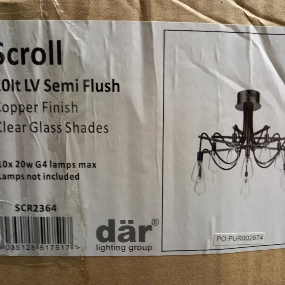 BOXED DAR SCROLL 10 LIGHT LV SEMI FLUSH COPPER FINISH WITH CLEAR GLASS SHADES