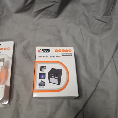 BOX OF ASSORTED ITEMS INCLUDING OBJECT BULLET CAR CHARGER & SOLAR MOTION SENSOR LIGHT AND BULLET CAR CHARGER 