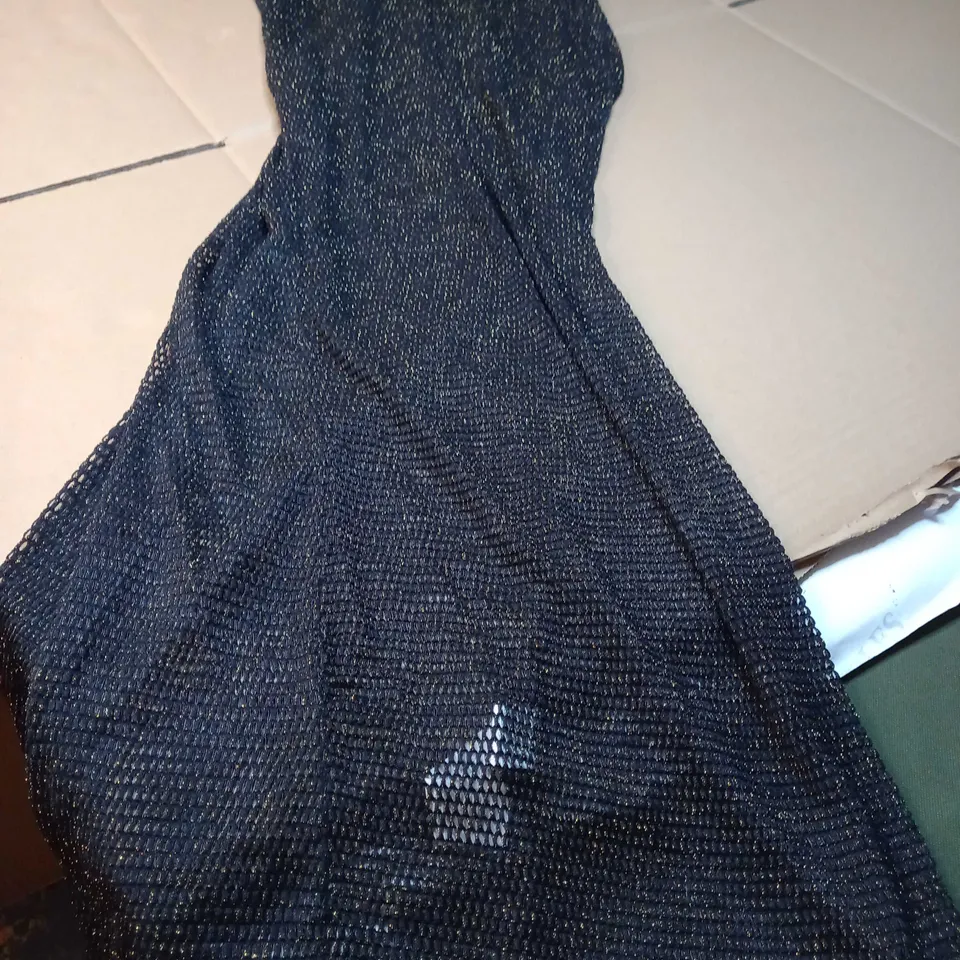 PRETTYLITTLETHING SHAPE BLACK GLITTER FISHNET HALTERNECK MIDAXI DRESS - SIZE 12