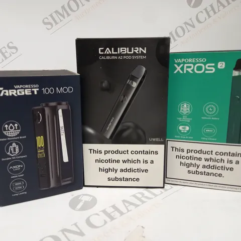 APPROXIMATELY 20 ASSORTED BOXED VAPING PRODUCTS TO INCLUDE UWELL CALIBURN A2 POD SYSTEM, VAPORESSO TARGET 100 MOD, VAPORESSO XROS 2 ETC.