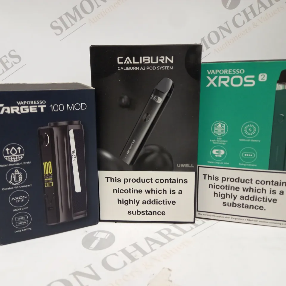 APPROXIMATELY 20 ASSORTED BOXED VAPING PRODUCTS TO INCLUDE UWELL CALIBURN A2 POD SYSTEM, VAPORESSO TARGET 100 MOD, VAPORESSO XROS 2 ETC.