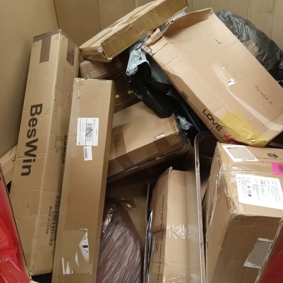 PALLET OF ASSORTED HOUSEHOLD GOODS AND PRODUCTS TO INCLUDE; OFFICE DESK, CAT LITTER BOX, RACING WHEEL STAND ETC