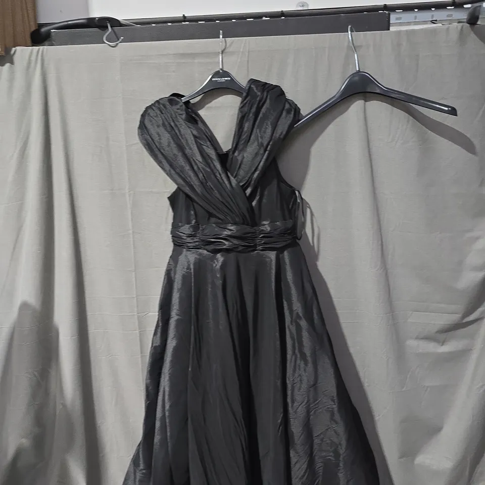 UK 16 Black Satin Evening Dress with Draped Cowl Neckline 