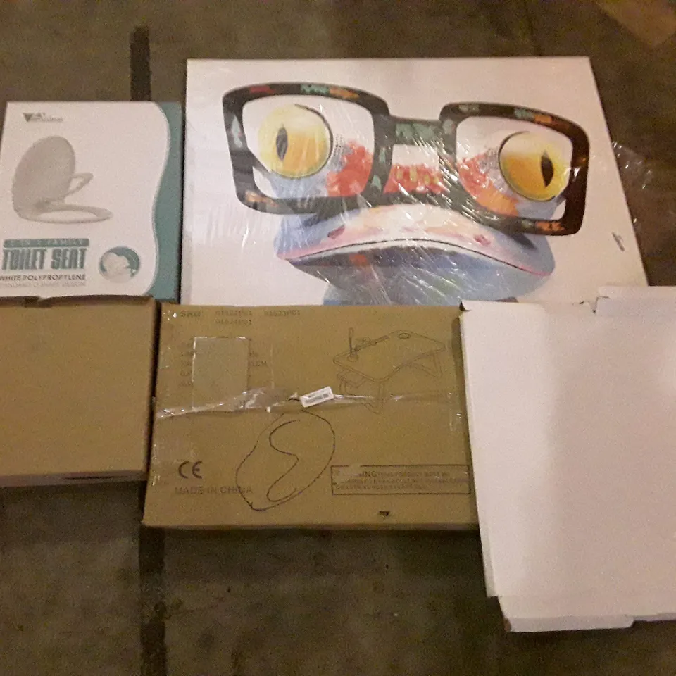 PALLET OF ASSORTED PRODUCTS INCLUDING TOILET SEAT, COFFEE POD HOLDER, FRAMED CANVAS WALL ART, LAPTOP TABLE, WALL CLOCK