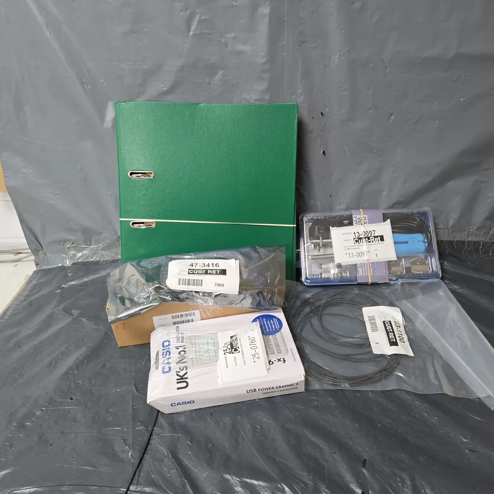 APPROXIMATELY 10 ASSORTED ITEMS TO INCLUDE CASIO CALCULATOR, SOLDERING TWEEZERS SET, BINDER, ETC