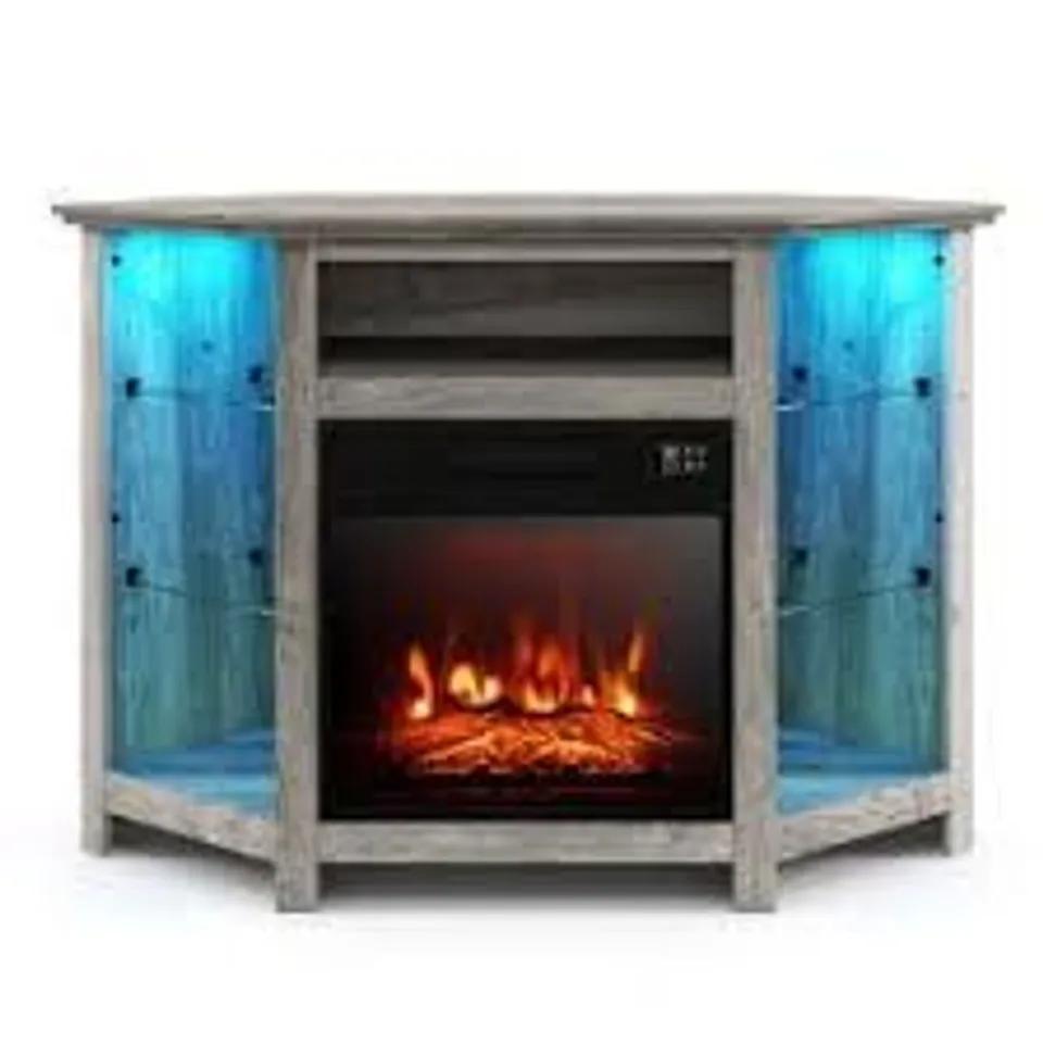 BOXED COSTWAY GREY LED LIGHT CORNER TV STAND WITH FIREPLACE INSERT