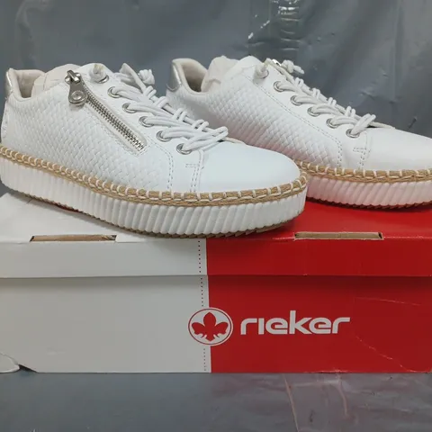 BOXED PAIR OF RIEKER ZIPPED SLIP ON TRAINERS IN WHITE SIZE 5