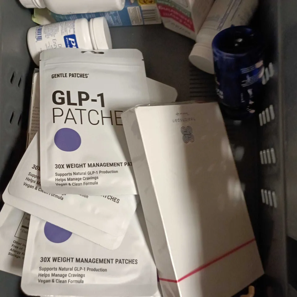 APPROXIAMTELY 15 ASSORTED HEALTH PRODUCTS TO INCLUDE GLP-1 PATCHES, BEECHAMS, GUARDIUM ETC 