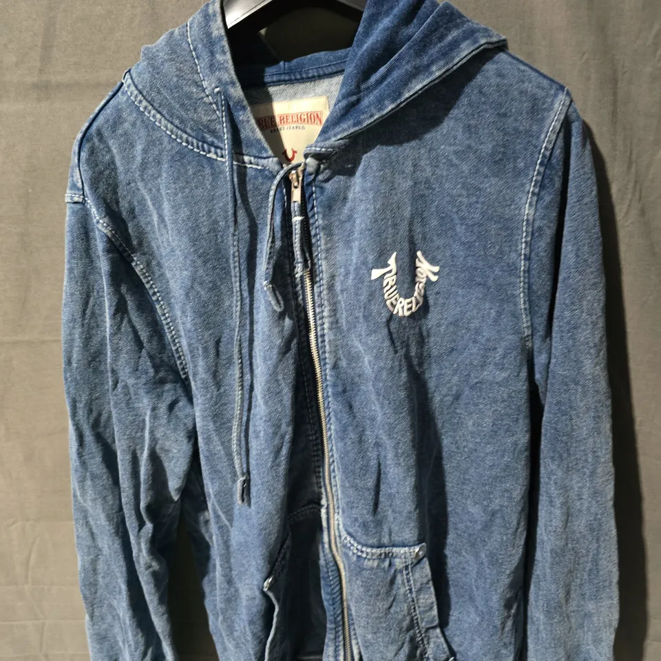 TRUE RELIGION DENIM HOODED JACKET – ZIP FRONT, CHEST LOGO, SIZE S/P (SMALL/PETITE)
