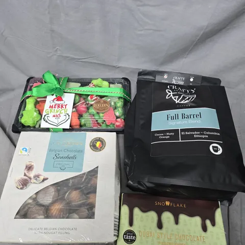 APPROXIMATELY 6 ASSORTED FOOD/DRINK PRODUCTS TO INCLUDE CRAFTY COFFEE, GRINCH SWEETS, DUBAI STYLE CHOCOLATE ETC 