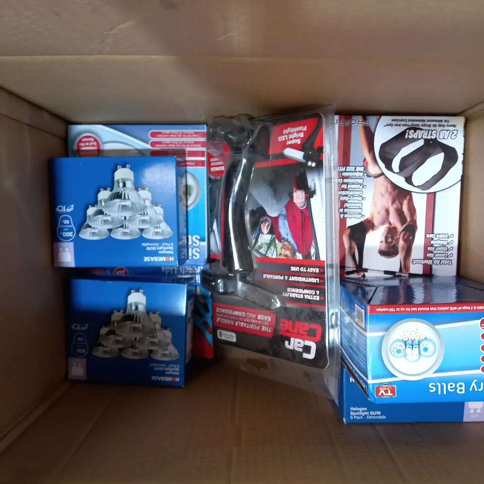 BOX OF SSORTED ITEMS SET TO INCLUDE CAR CANE, BACK MASSAGER, AB STRAPS ETC