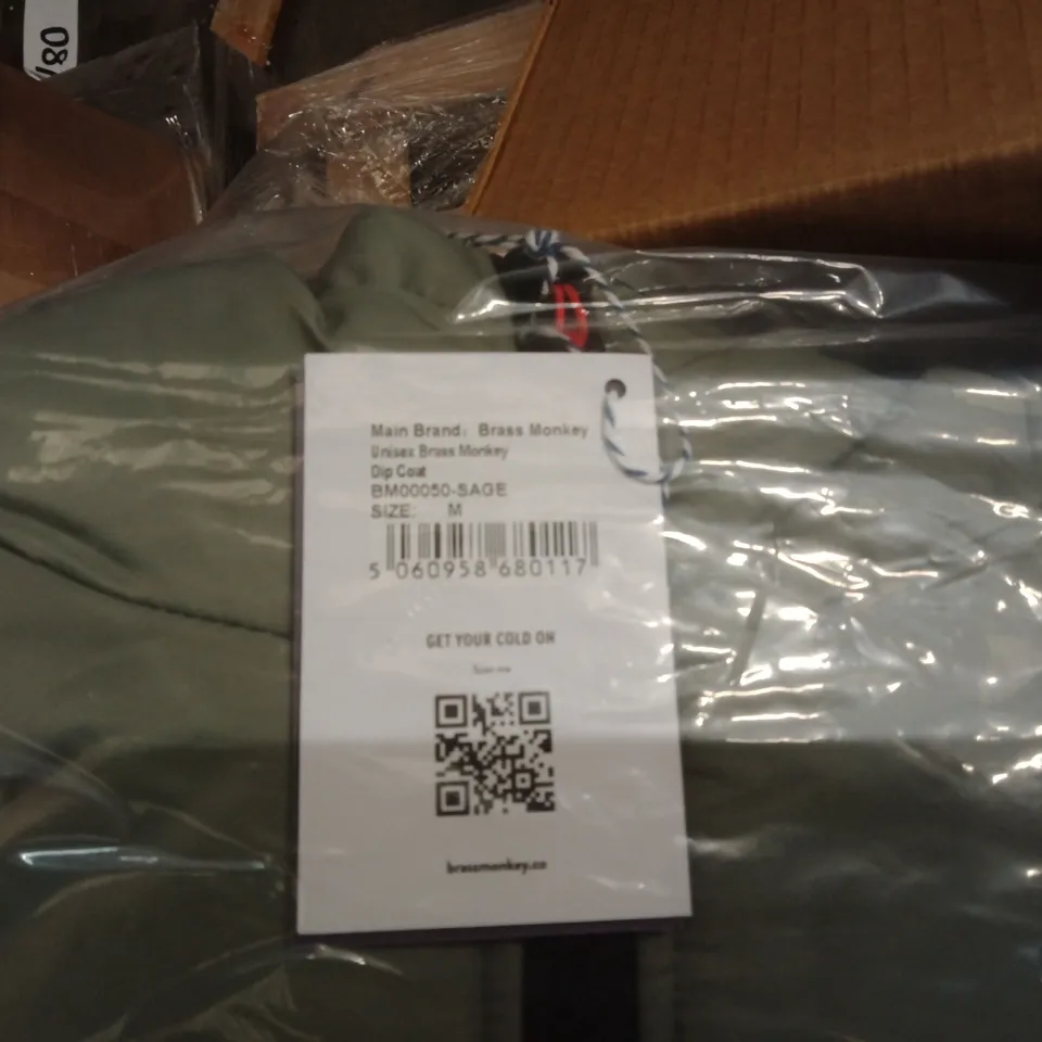 BOX OF APPROXIMATELY 5X MIXED BRAND NEW BRASS MONKEY UNISEX DIP COAT- WATER DESIGN, SAGE - BM00050 // SIZE: M