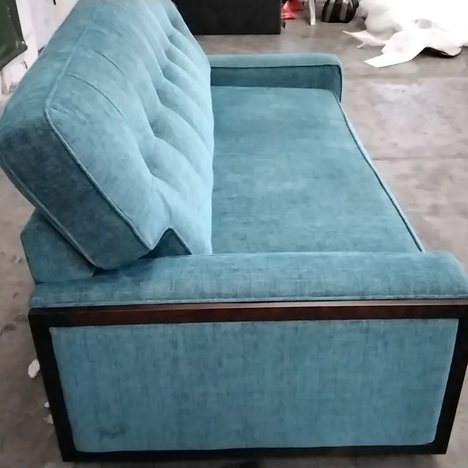 QUALITY BRITISH DESIGNER G PLAN MANUFACTURED VINTAGE 59 RR SMALL SOFA - FLECK BLUE FABRIC 