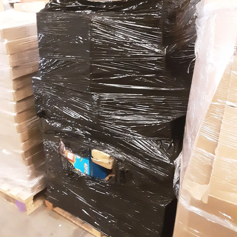 PALLET OF ASSORTED PRODUCTS INCLUDING TV STAND WITH MOUNT, ROODO PLUS PET STROLLER, PETSAFE AUTO BALL THROWER, KIDS TOUCH AND LEARN ACTIVITY DESK 