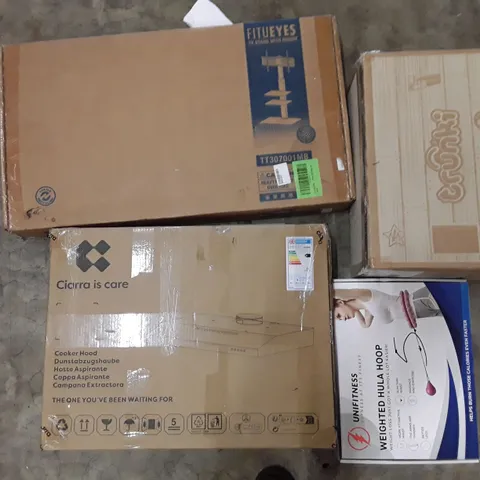 PALLET TO CONTAIN AN ASSORTMENT OF HOUSEHOLD ITEMS TO INCLUDE TV STAND, COOKER HOOD, WEIGHTED HULA HOOPS AND SCREEN PROTECTORS ECT